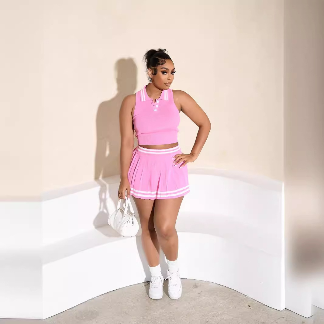 2025S Designer Women S Set Summer Women S Woolen Polo Buckle Striped Tight Pleated Skirt Set