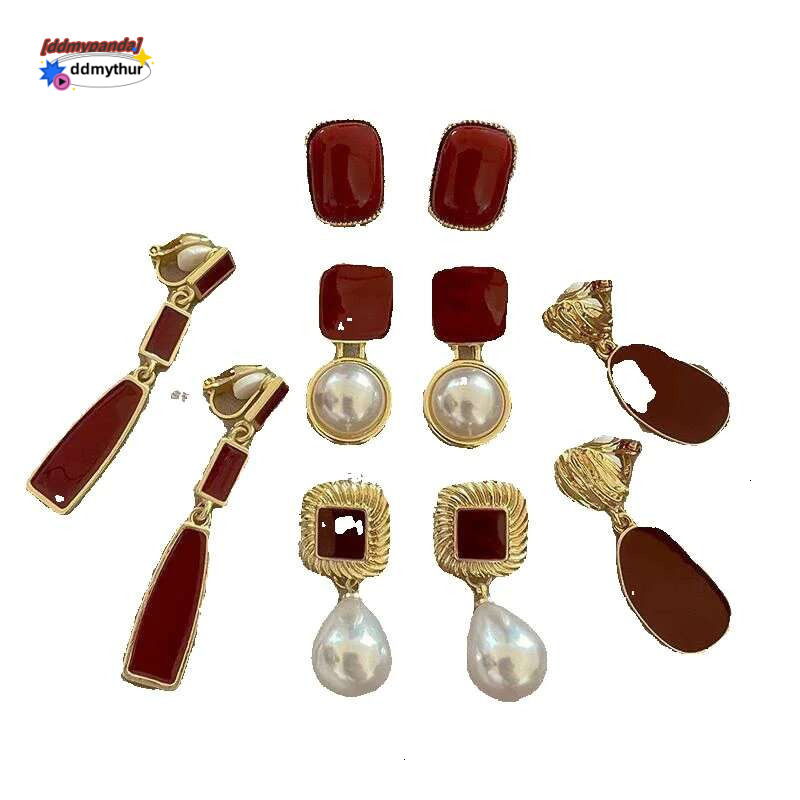 Fashion Geometric Red Enamel Clip on Earrings for Women Female Statement Vintage Fake Without Hole Pearl Earring Jewelry Gift ddmypanda ddmythur