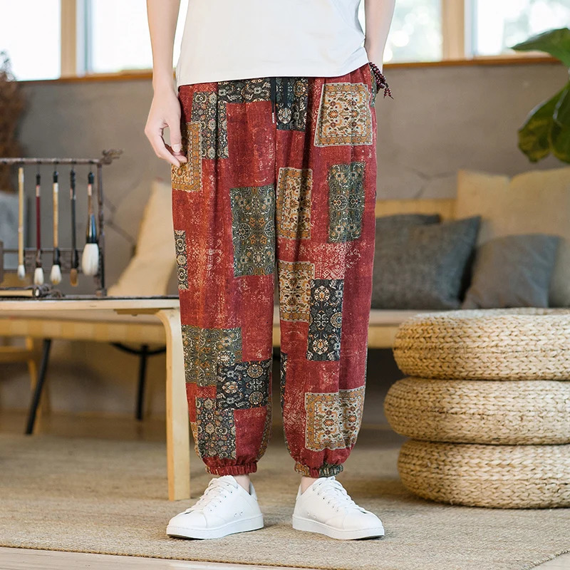 Men Harem Pants Joggers Printed Drawstring Drop-Crotch Trousers Men 2025 Summer Loose Streetwear Cotton Linen Casual Pants 250408