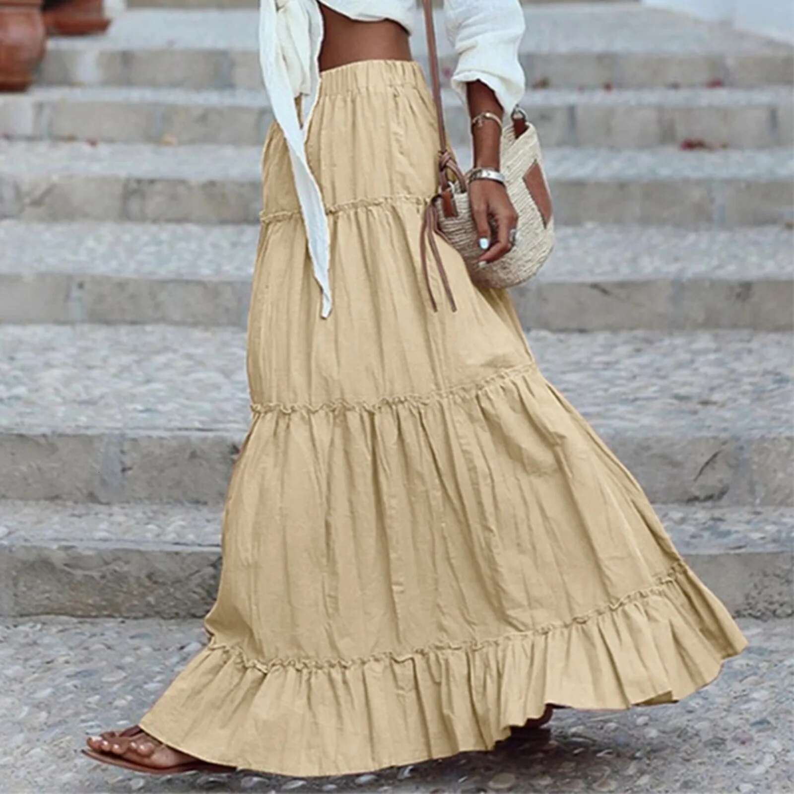 Dongdumaoyi Women S Boho Vintage Floral Maxi Skirts Elastic High Waist Pleated A Line Skirt Beach Holiday Layered Ruffle Hem Flowy