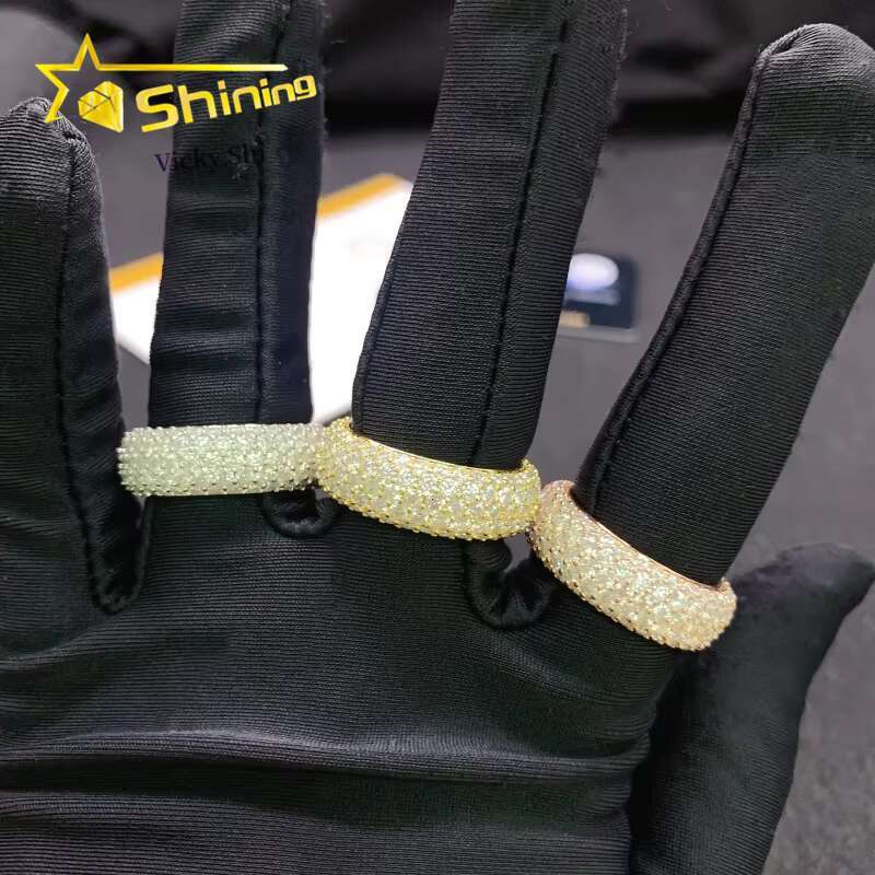 Shining Full of Diamond 5 Rows Moissanite Diamond Ring Men 925 Sterling Silver Gold Plated Hip Hop Ring Finger Rings