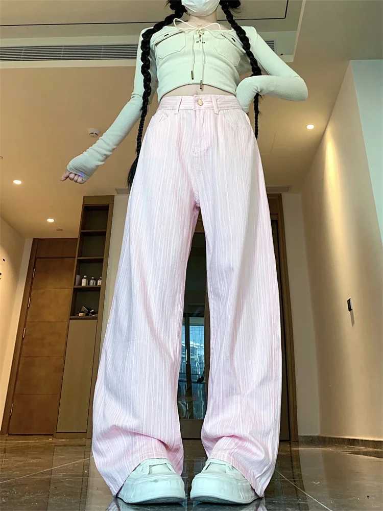 Womens Pink Vertical Stripe Straight Thin Pants Sweet Girl High Waist Street Clothing Fashion Fe Casual Wide Leg TrouserXJ250403