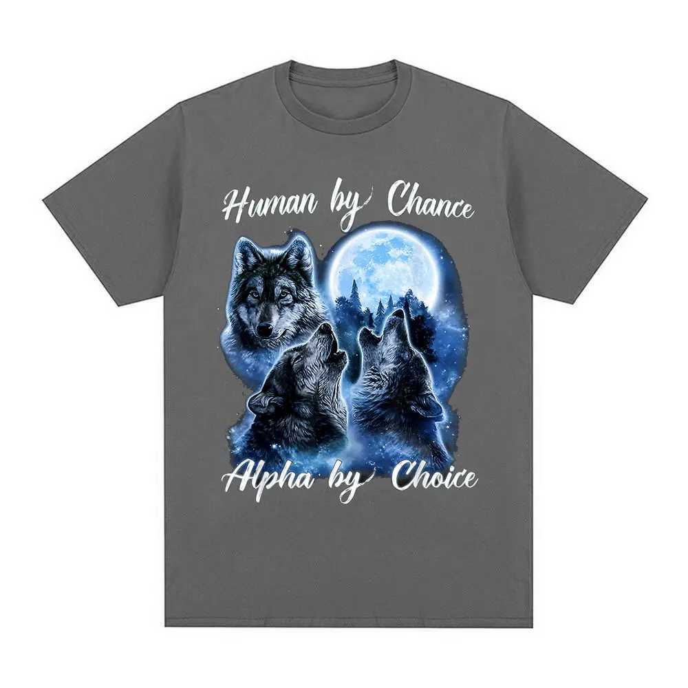 Human by Chance by Choice Wolf Graphic T-shirt Mens Fashion Hip Hop Retro Short SLeeve T-shirt Cotton Oversized T-shirtXJ250409
