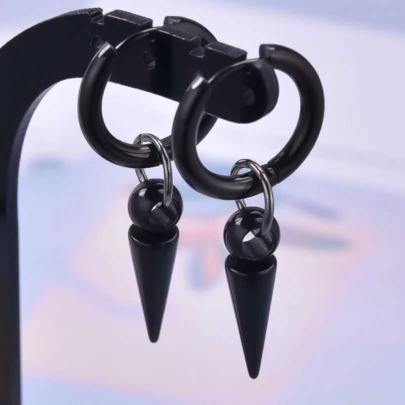 New All Black Hoop Sword Pointed Cone Pendant Earring Stainless Steel Earrings For Women Men Accessories Goth Steampunk Jewelry Z250408