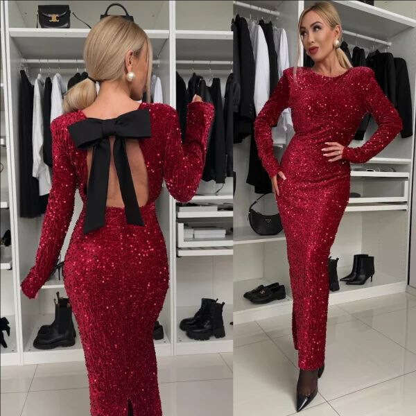 New Women's Clothing Round Neck Sleeve Solid Color Sequin Mid-Waist Elegant Long European and American Style Dress