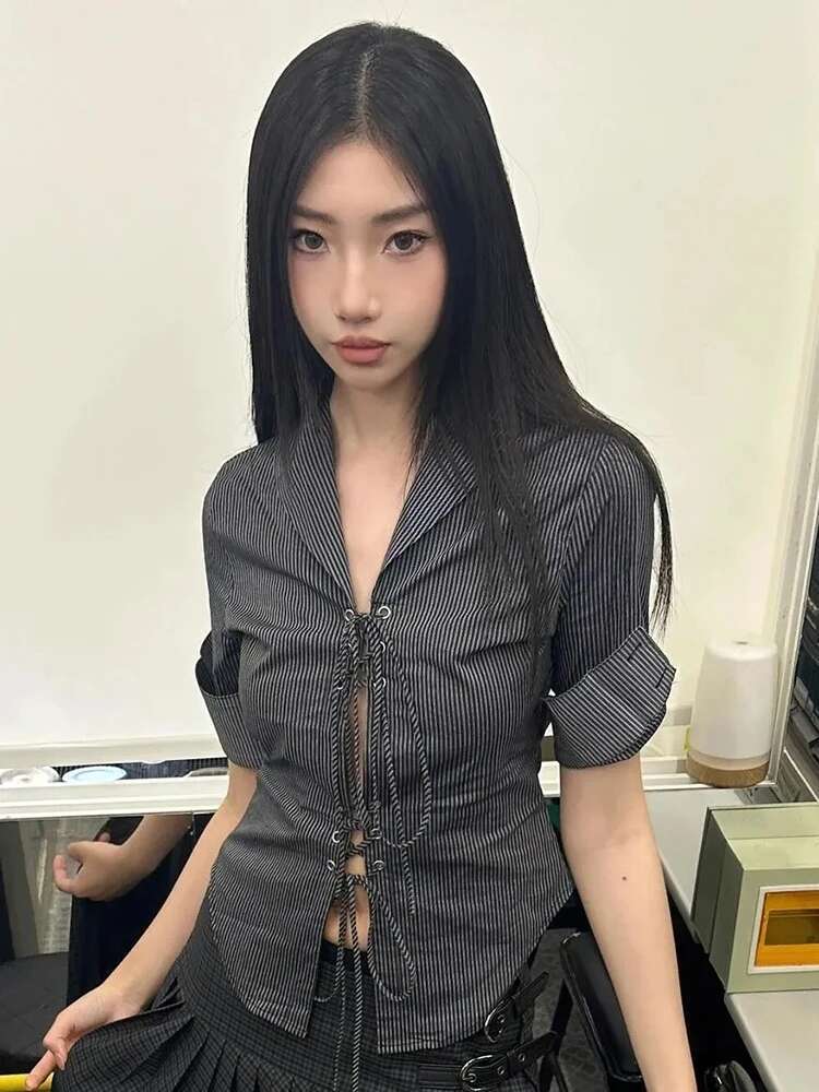 Zoki Y2K Slim Striped Shirt Women Sexy Hollow Out Lace Up Blouse Vintage Casual American Half Sleeve Design Haruku Retro Tops