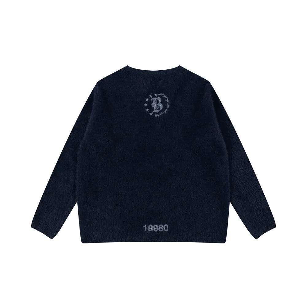 Letter Print Mohair Sweater Mens High Street Autumn Winter Loose Long Sleeve Knitted Pullover Men