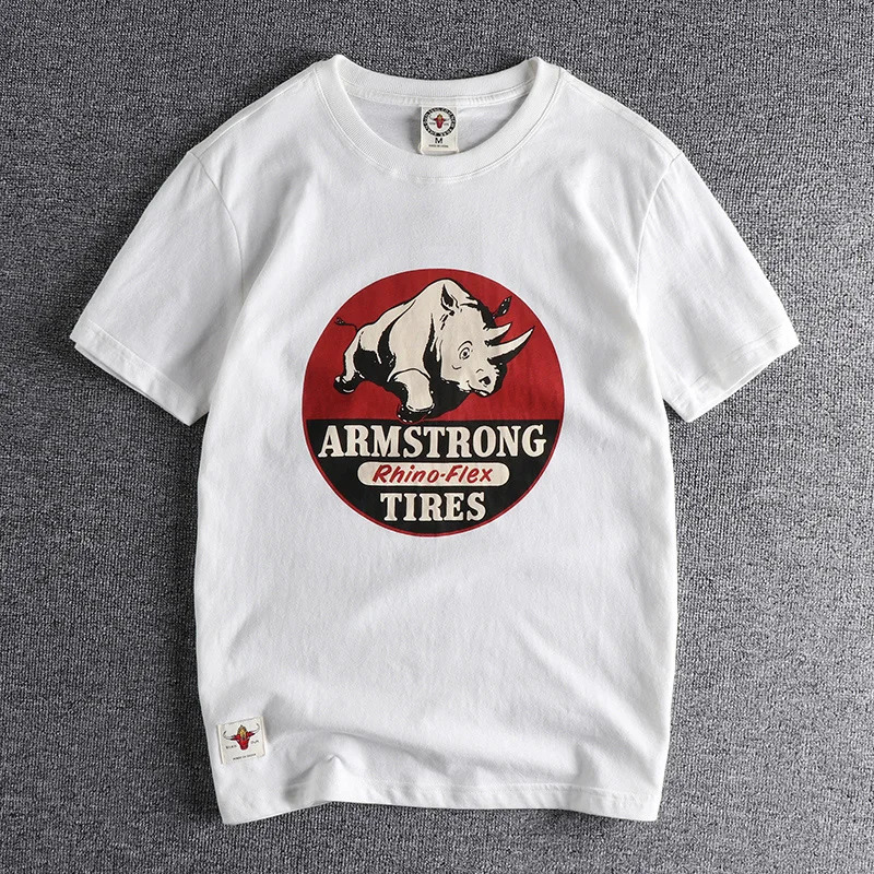 Summer American Retro Short sleeved Oneck Rhino Printed Tshirt for Men Fashionable and Simple 100% Cotton Laundry Casual Sports Top 250409