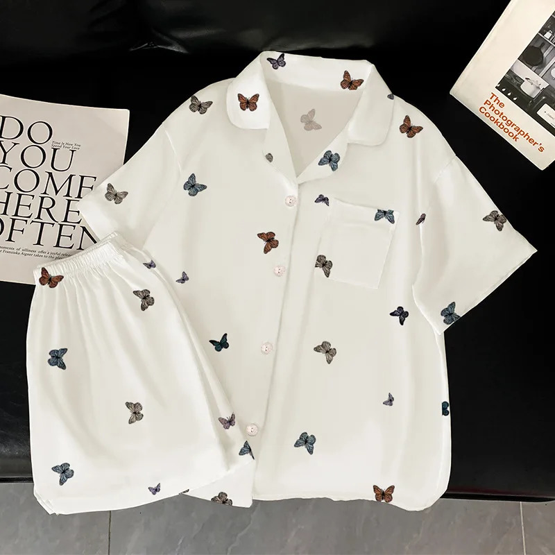 French highend butterfly ice silk sleepwear womens summer short sleeved cardigan twopiece set family wear real clothing 250409