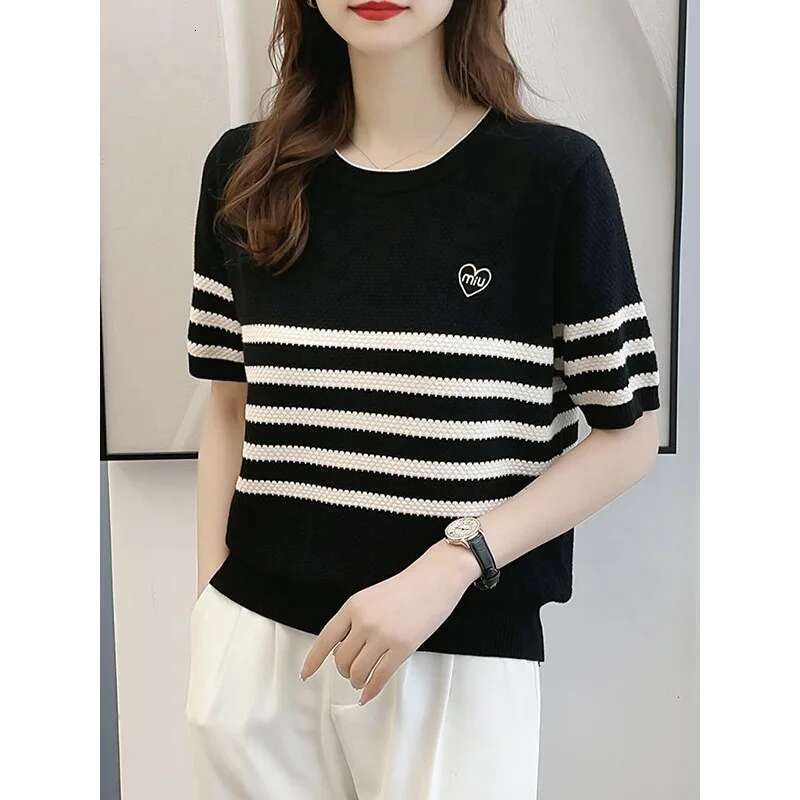 2023 Spring/Summer New Boutique Cashmere Embroidery Striped Short Sleeve Women's O-Neck Fashion Soft Pullover