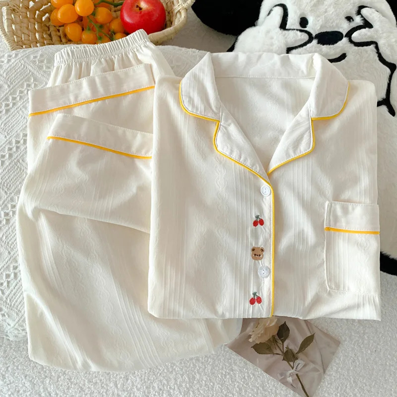 SpringSummer Womens Korean ed Cartoon Solid Color Jacquard Pajamas Girls Long Sleeve Casual 250409