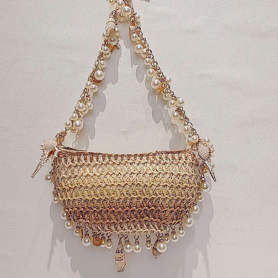 Bohemian Pearls Woven Straw Conch Starfish Women Handbags Half Moon Beach Shoulder Bag Design Rattan Crossbody Bags Totes
