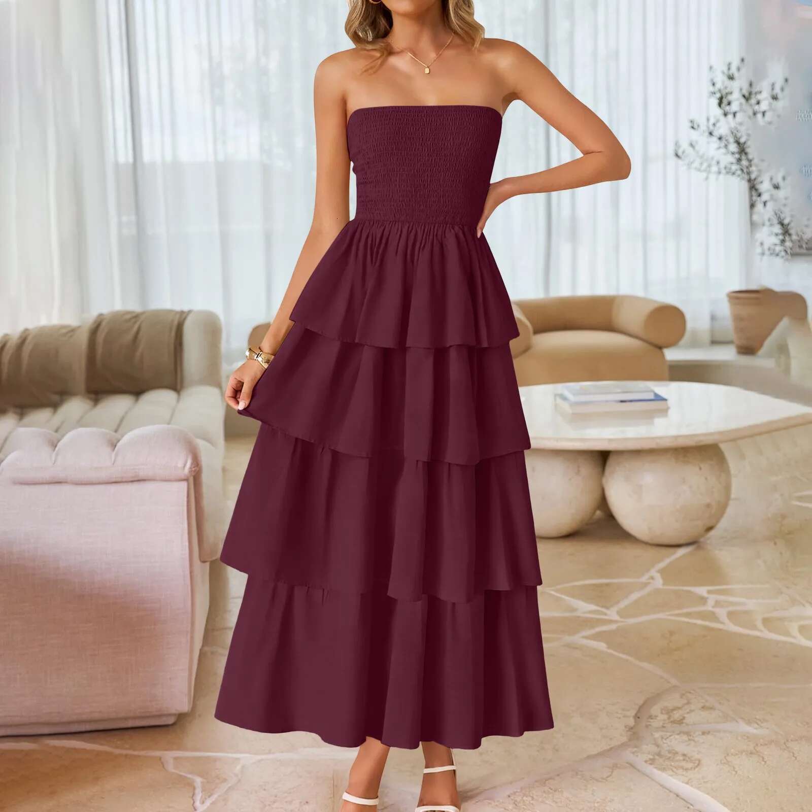 Dongdumaoyi Women S Summer Boho Strapless Maxi Dress Casual Sleeveless Off Shoulder Tiered Beach Long Tunic Cake Vacation Dresses