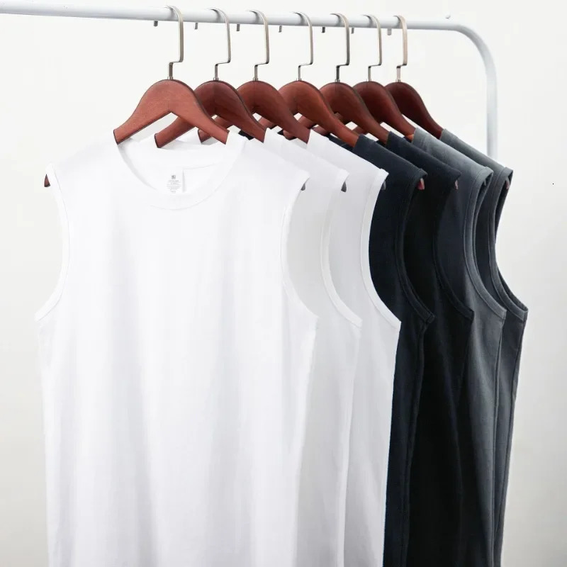 Mens sleeveless vest 230g heavyduty pure cotton round neck top for casual fitness and sports 250409