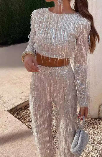Fashion Women's Sequin Tassel Two - Piece Party Pants Set