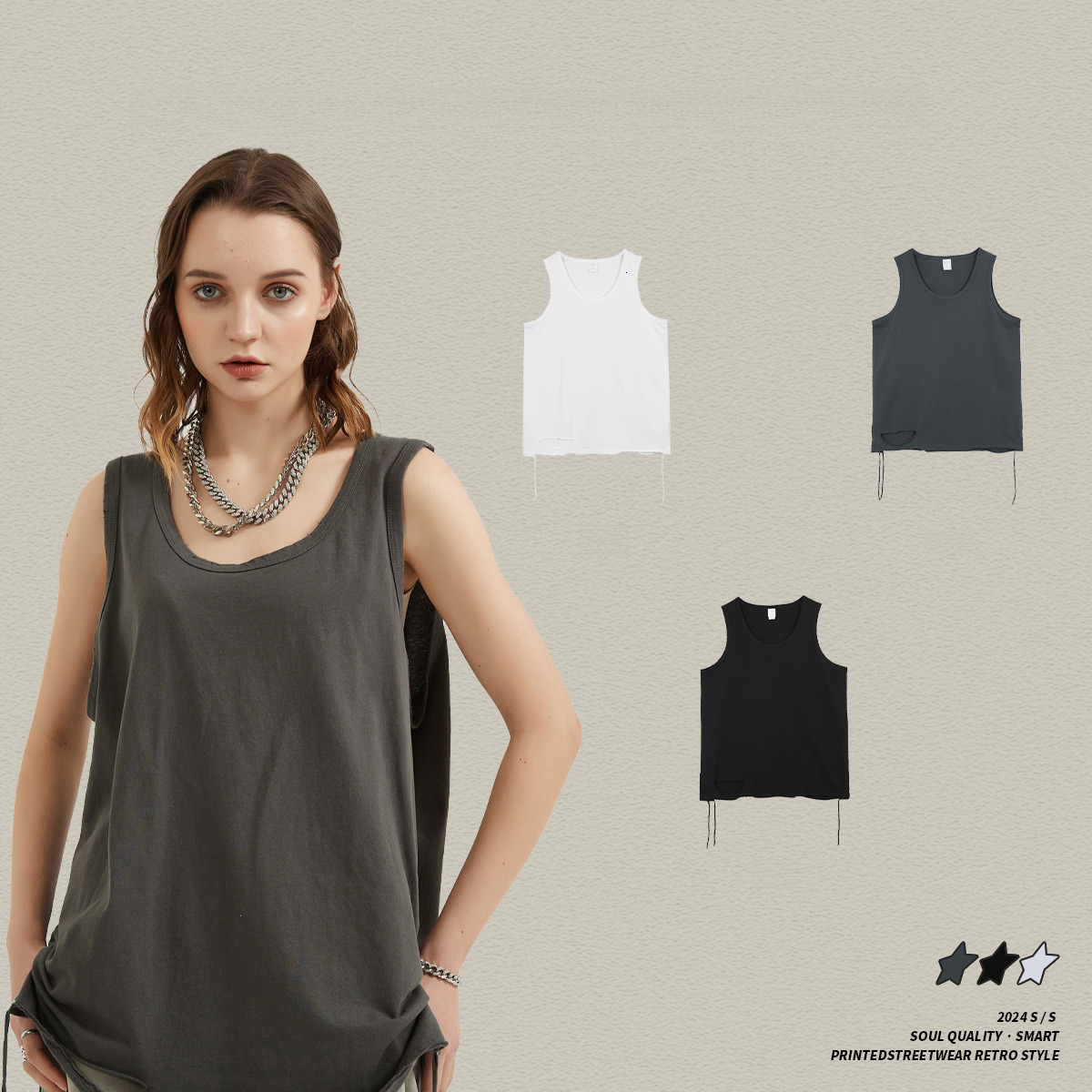 2025 Summer New Product: Water Wash Versatile Loose Sports Top, American Trendy Brand Destruction Knife Cutting Solid Color Base Tank Top