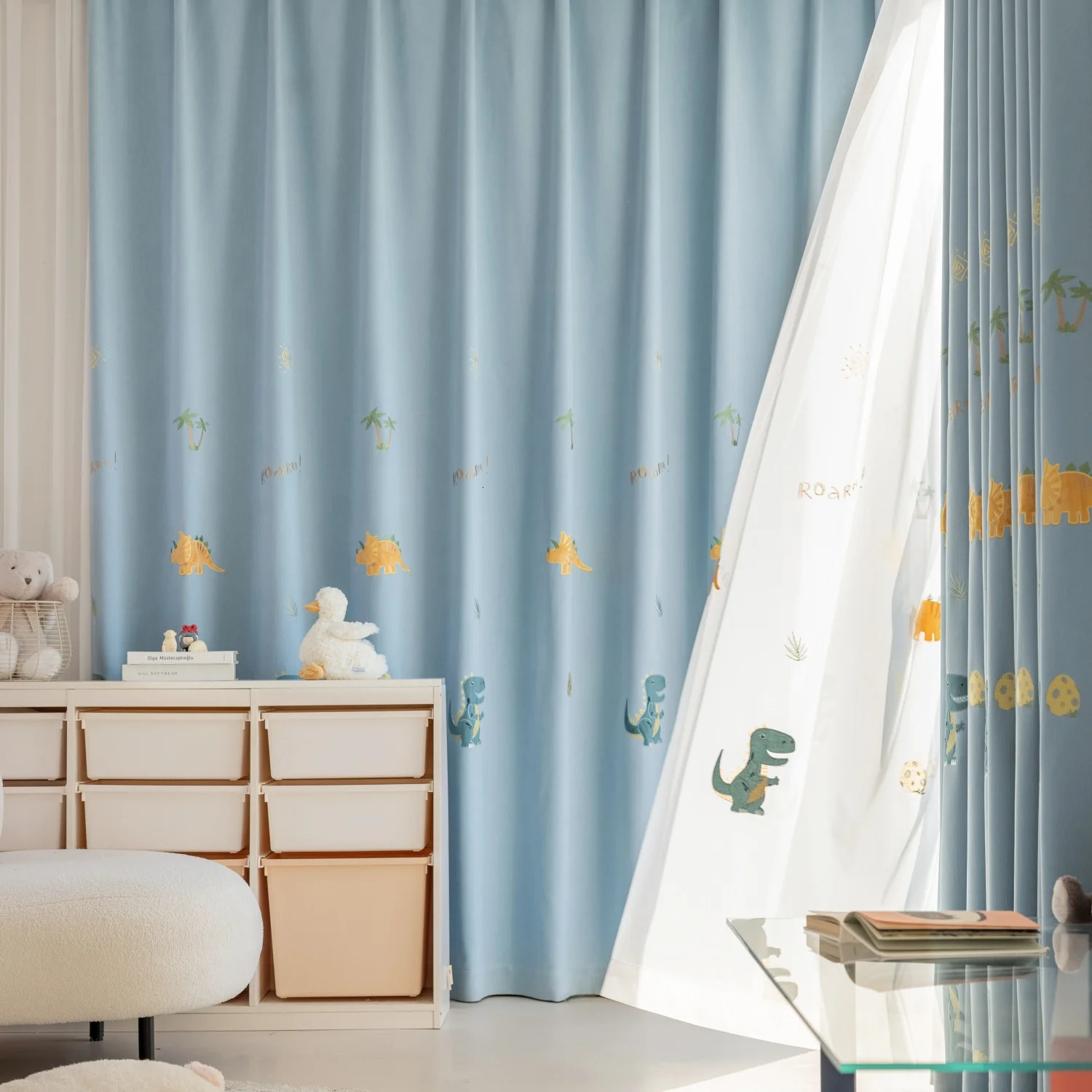 Blue cartoon dinosaur childrens blackout curtains cute embroidered kindergarten chiffon curtains childrens boy baby bedroom living room 250409