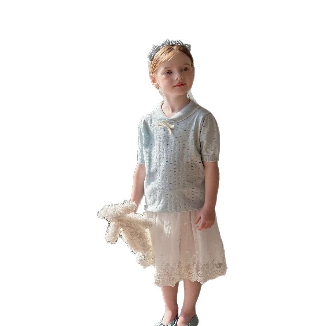 Ddmyshoesvip Girls T Shirt Spring Summer Korean Edition Children S Cute Hollow Bow Knitted Shirt Baby Round Neck Short Sleeve Top