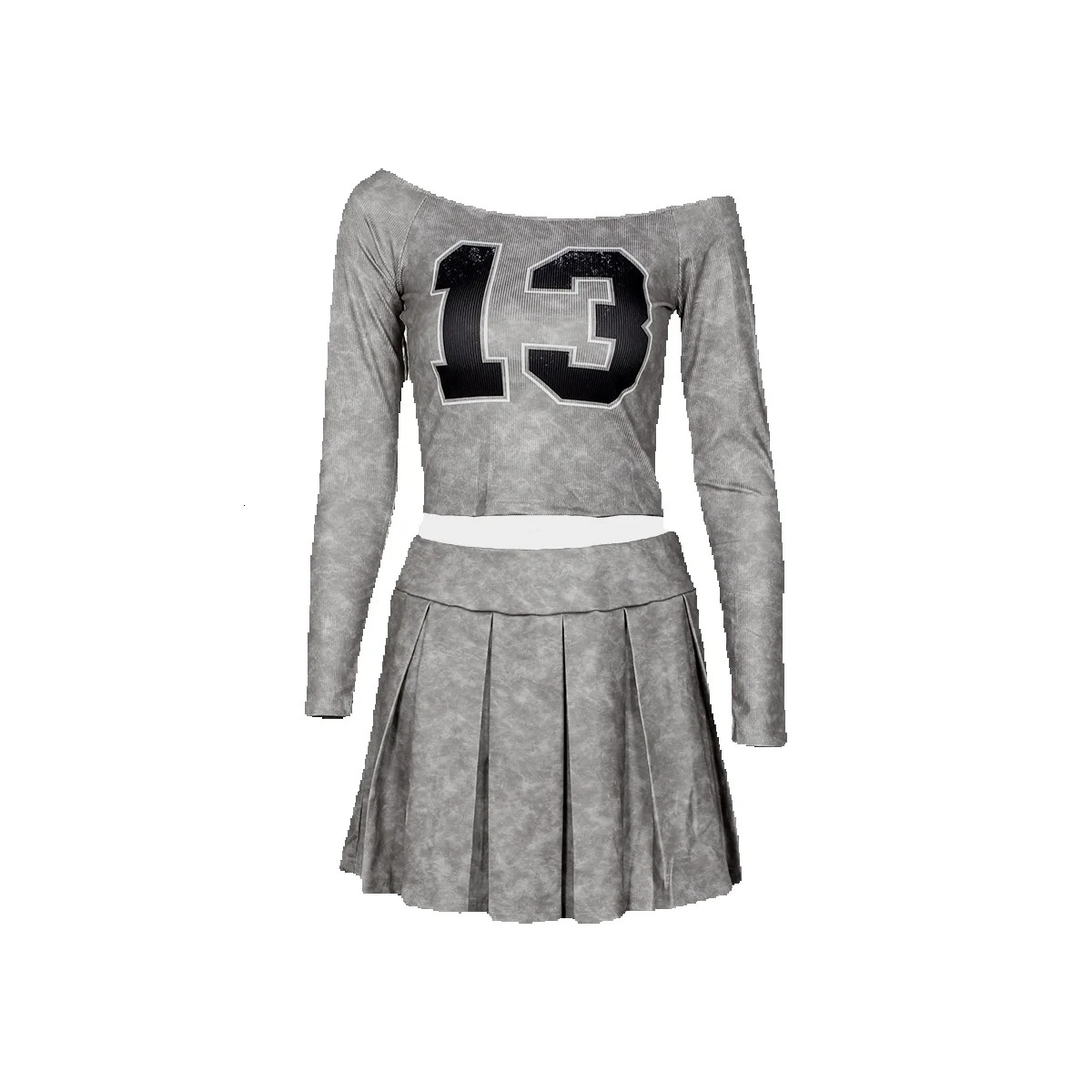2025S Designer S New Fashionable Long Sleeved One Shoulder Slim Fit Sexy Printed Crop Top With Exposed Navel Pleated Short Skirt Set For Women