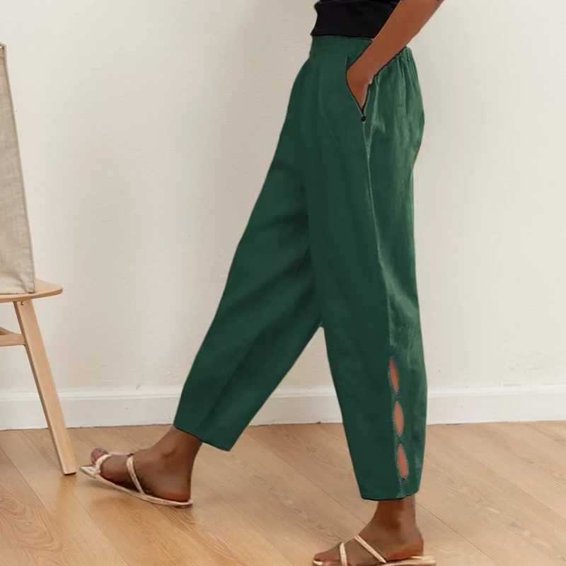 Retro pure cotton linen pants spring summer elastic waist pocket button side Trouser legs hollow Trouser womenXJ250403