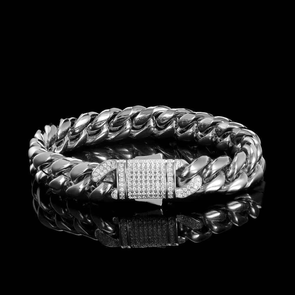 Mens Stainless Steel Cuban Chain Bracelet with Zircon 10mm 12mm Spring Buckle Grinding Encrypted Titanium Diamond Main Stone