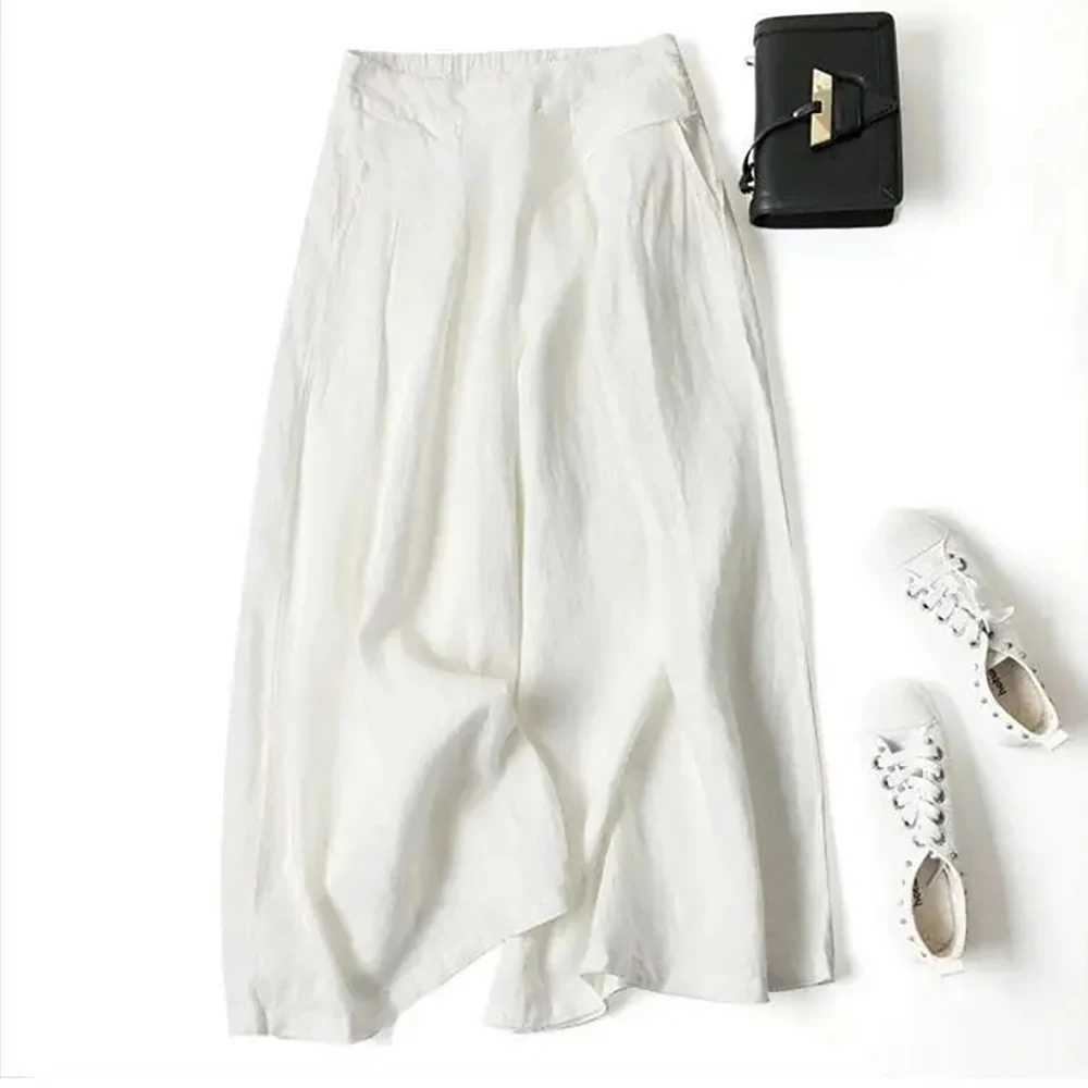 Womens summer pants cotton linen oversized wide leg pants womens artistic style elastic waist solid casual loose pantsXJ250403