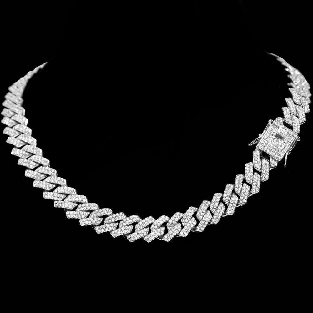 Iced Out Cuban Link Chain 2 Row Diamond Cuban Chain Rhombus Prong Cuban Choker Necklaces Women Men Hip Hop Jewelry