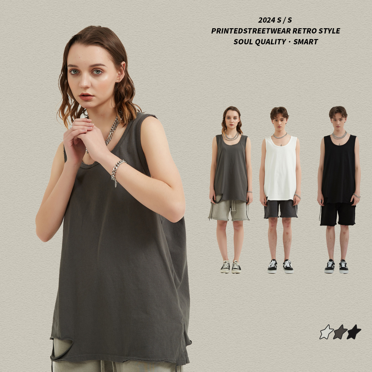2025 Summer New Product: Water Wash Versatile Loose Sports Top, American Trendy Brand Destruction Knife Cutting Solid Color Base Tank Top