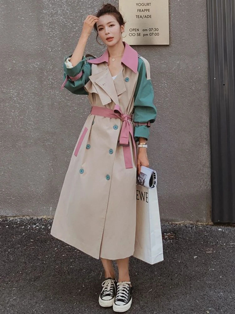 Medium length windproof jacket womens revolving door collar autumn loose and fashionable color comparison top simple 250409