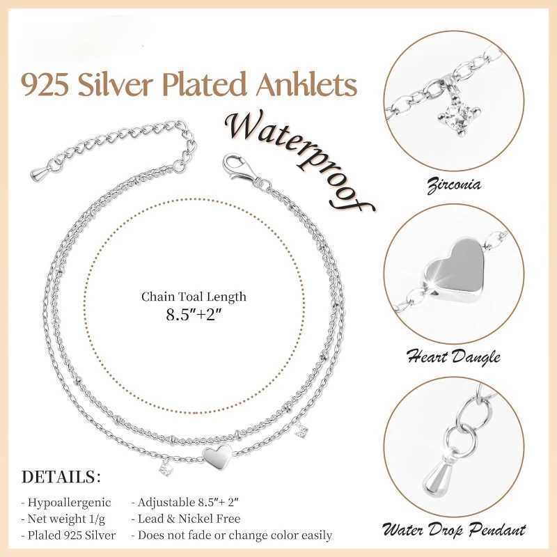 925 Sliver Plated CZ Anklet Bracelets for Women Girl Trendy New Waterproof Heart Charm Dainty Layer Chain Anklets Jewelry Gifts Z250408