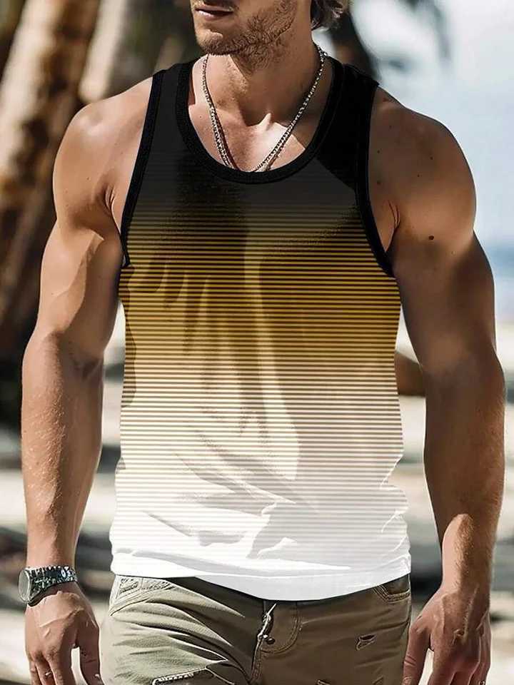 Mens Tank Top Fashion 3D Gradient Stripe Printed T-shirt Summer Beach Vacation Zipper Casual O-neck Tank Top Sleeveless TopXJ250409