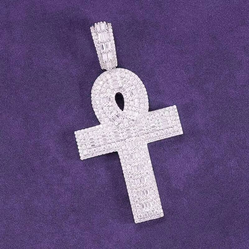 Hip Hop Iced Out Bling 925 Sterling Silver Pass Diamond Tester VVS Moissanite Baguette Ankh Cross Pendant for Men Women