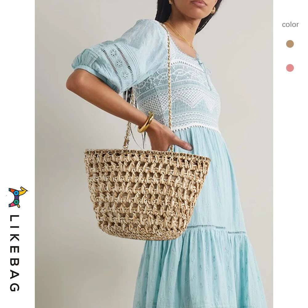 LIKEBAG 2024 New Travel Holiday Beach Straw Fashion Color Contrast Hollow Design Braided Bag Delicate Metal Chain Shoulder W