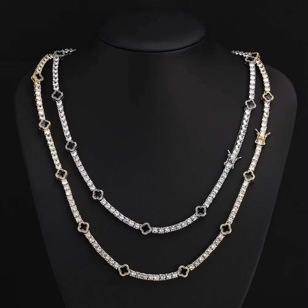 NUOYA Fashion Hiphop Jewelry Four-leaf Clover Tennis Chain Choker Necklace Women White Gold Iced Out Cubic Zircon Chain Necklace