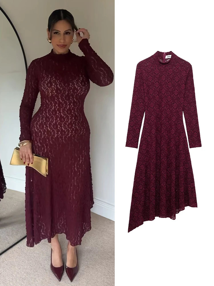 TRAF Eleagnt Womens Solid Lace Midi Dress Ultra Thin Asymmetric Long Sleeve Party Sexy Hollow Beach 250409