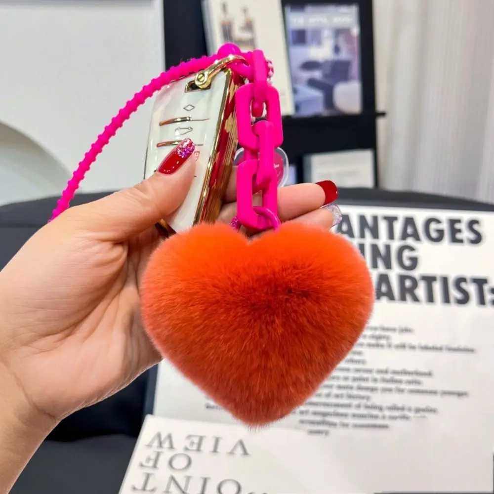 7cm natural fur heart-shaped ball charm keychain womens creative soft bag pendant cute plush toy keychain Valentines Day giftXJ250409