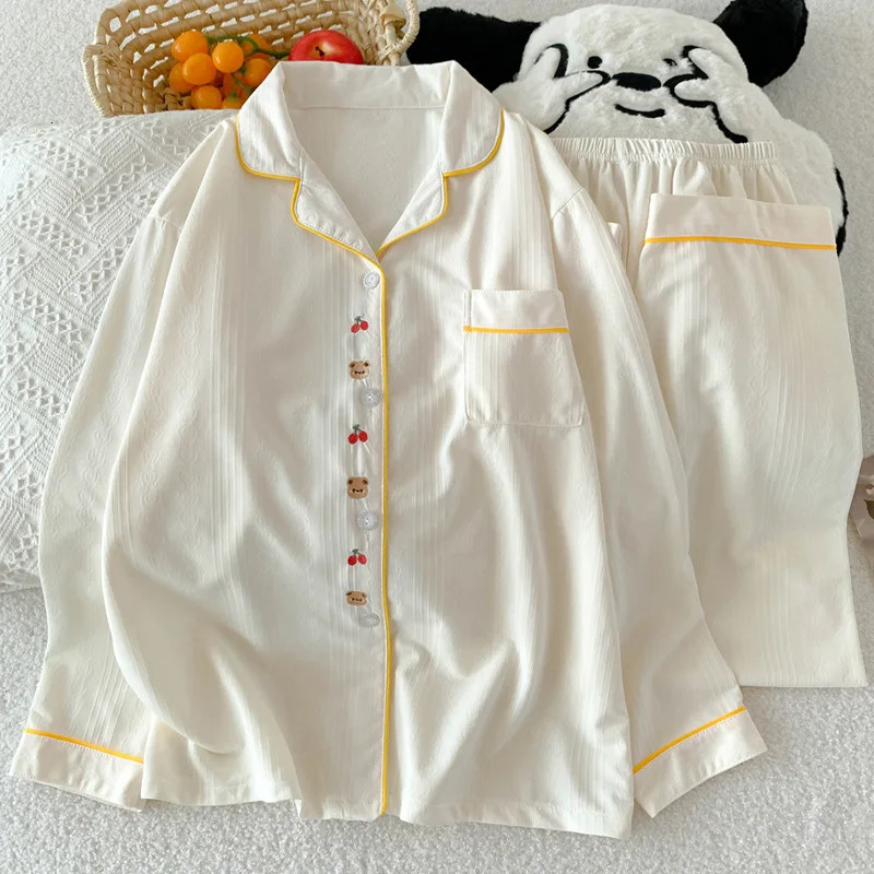 SpringSummer Womens Korean ed Cartoon Solid Color Jacquard Pajamas Girls Long Sleeve Casual 250409