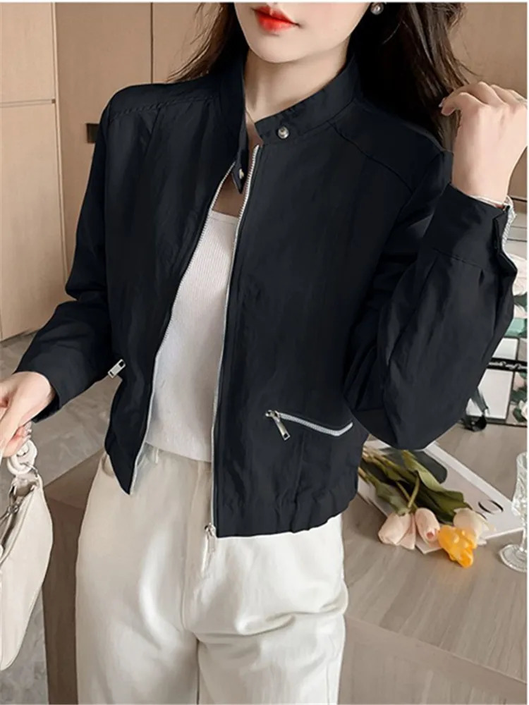 Spring and Autumn Womens Baseball Jacket Solid Color Casual Zipper Long Sleeve Stand up Collar Coat Chaquetas De Mujer 250409