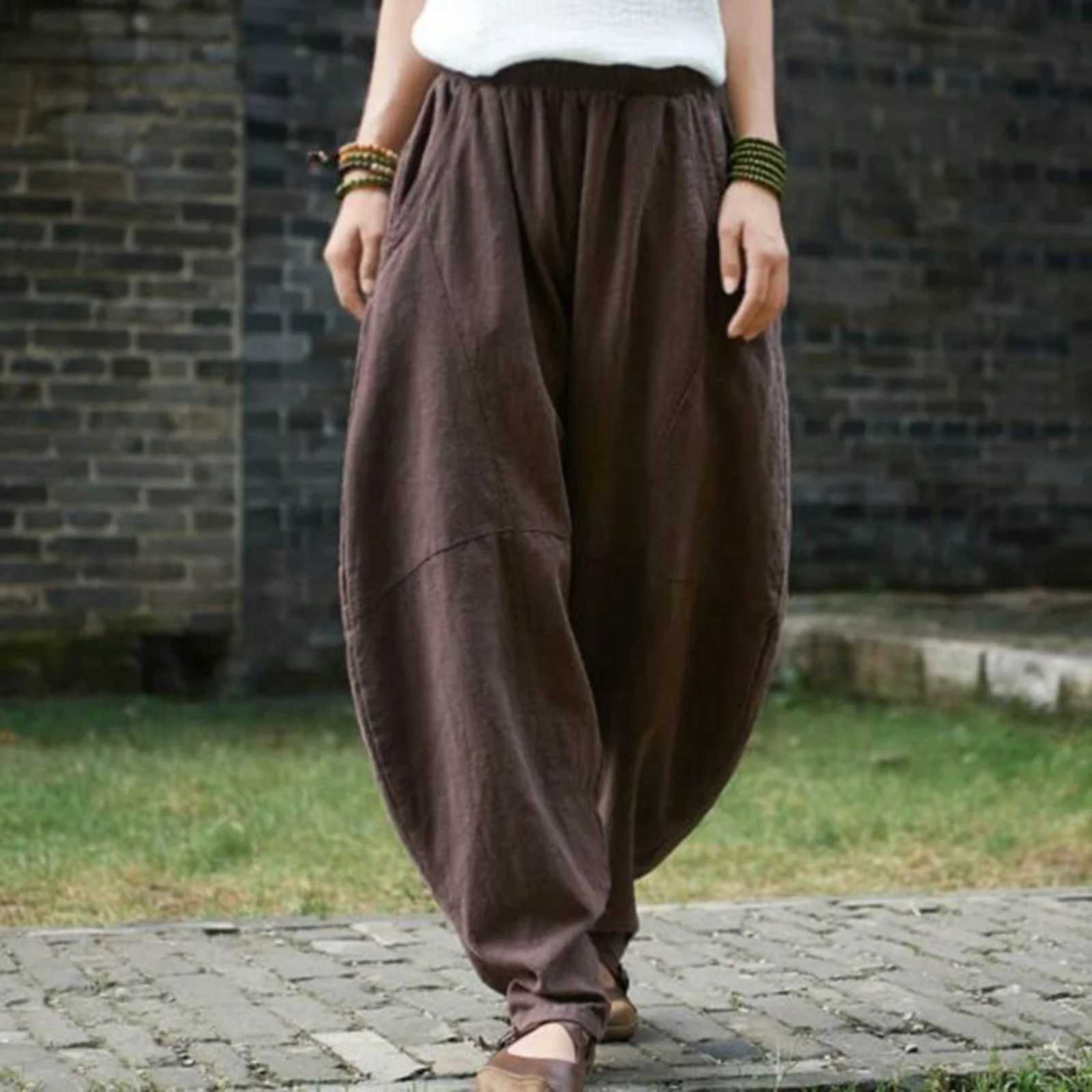 Cotton and linen loose suit womens casual cargo pants solid bag pants womens TrouserXJ250403