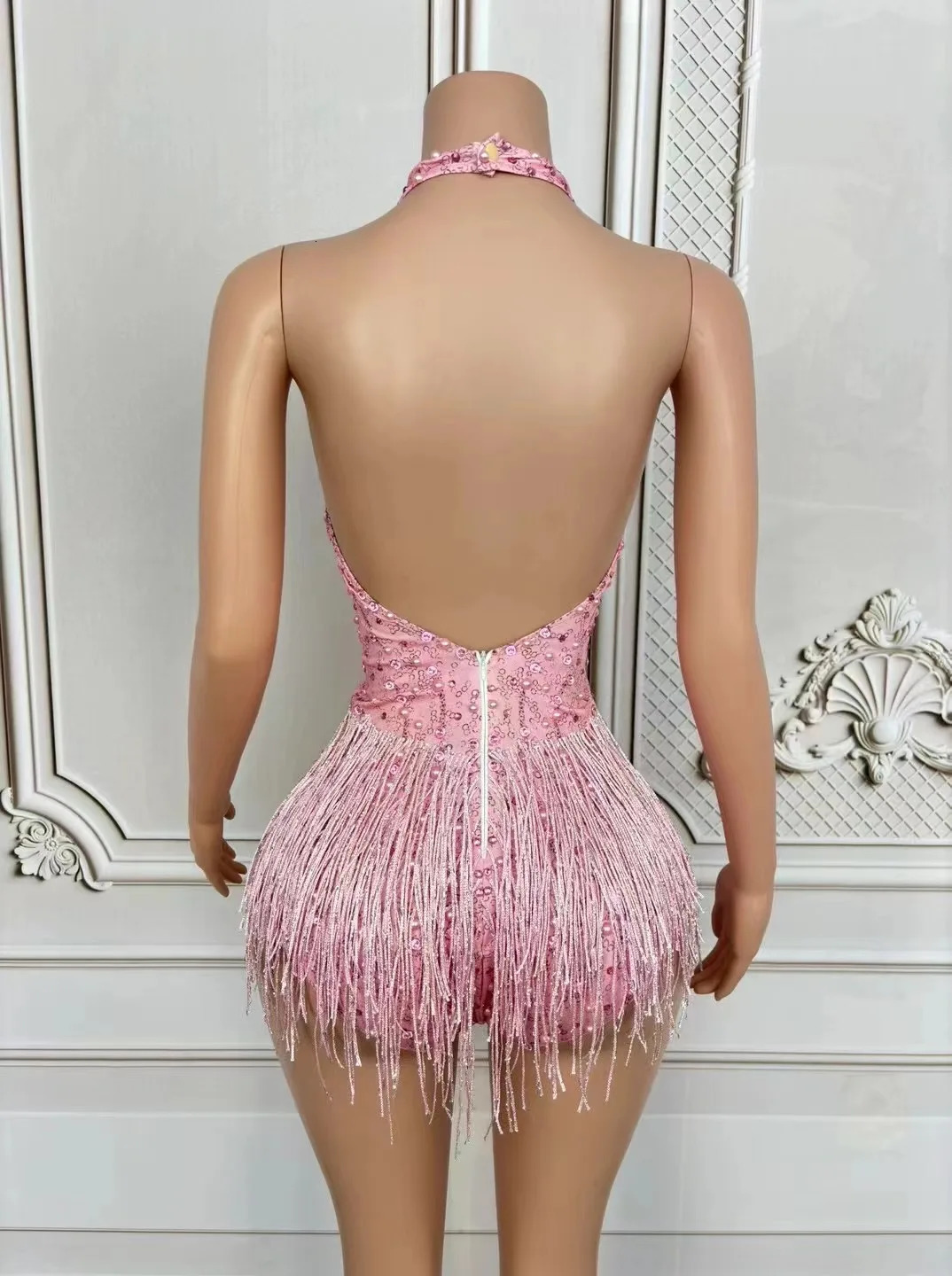 European and American sexy deep Vpink tassel jumpsuit Gogo female singer stage collar dance costume car show model performance 250409