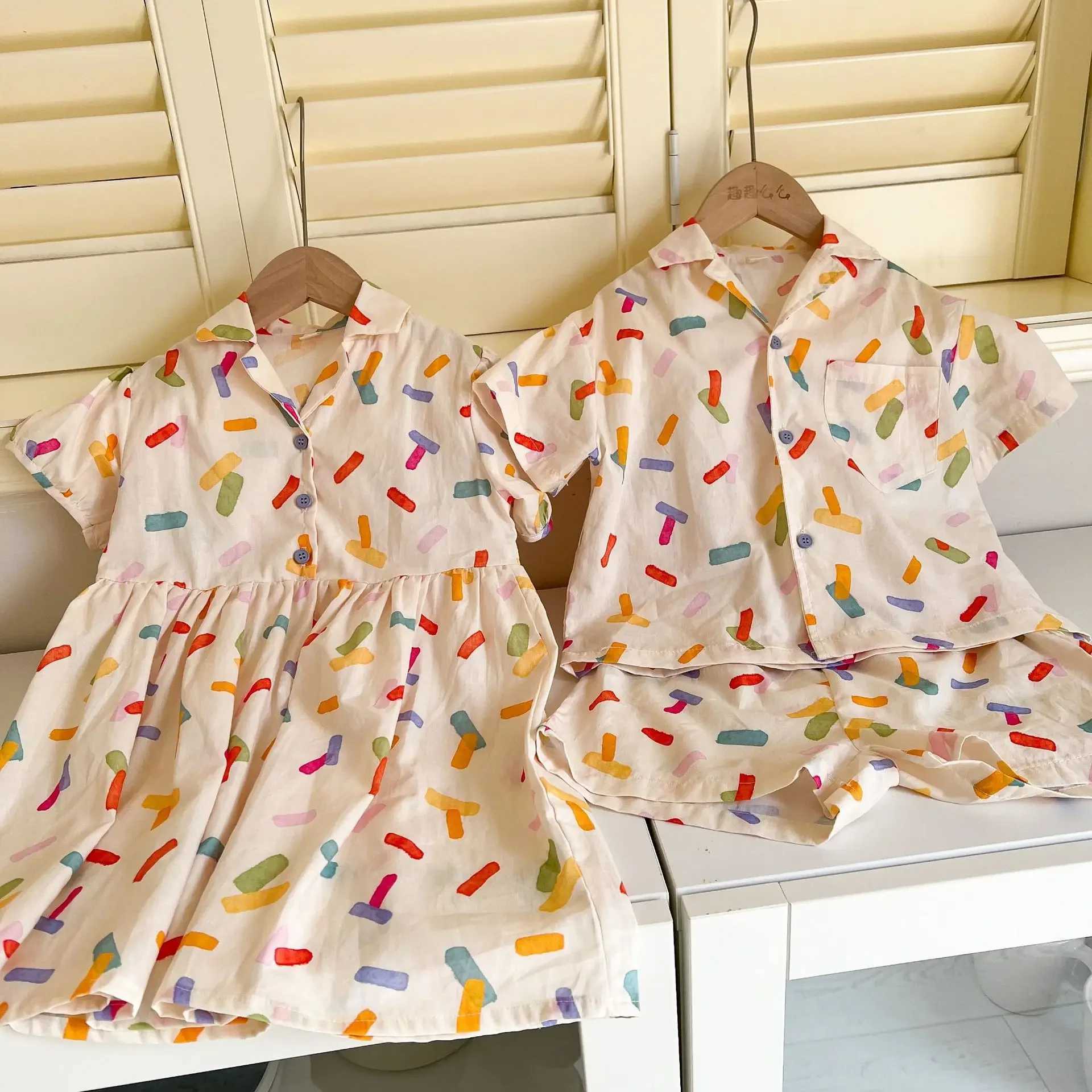 5506 Brothers and Sisters Clothes 2025 Summer New Pure Cotton Boys Suit 1-10 Year Baby Girl Dress Fashion Clothes S2548