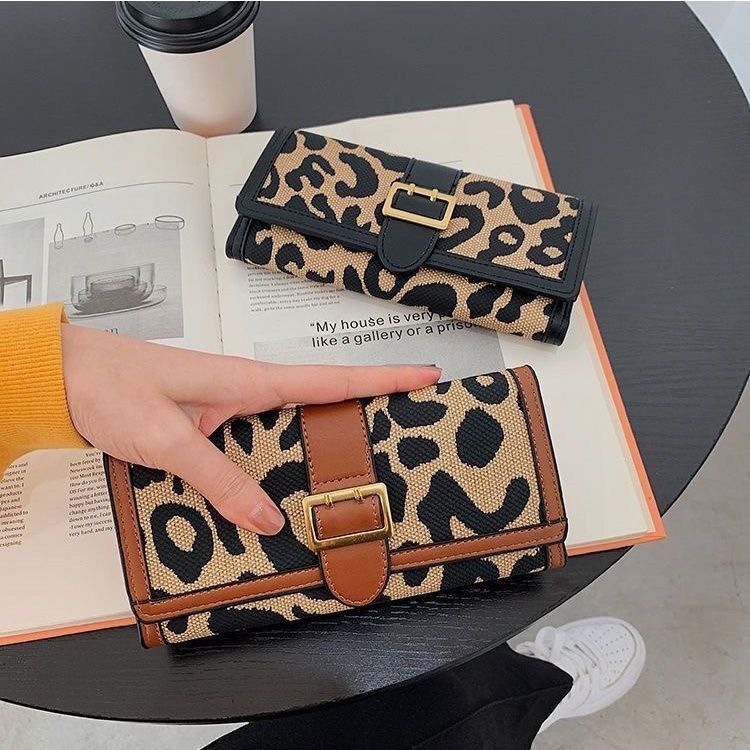 Fashion leopard print canvas wallet short coin wallet multi card slot buckle long handbag new trendy designer wallet