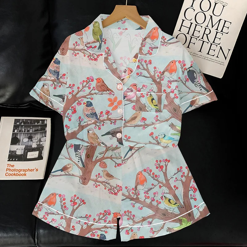 Niche Light y Ice Silk Pajamas Womens Summer Rural Bird Pattern Short Sleeve Set 250409