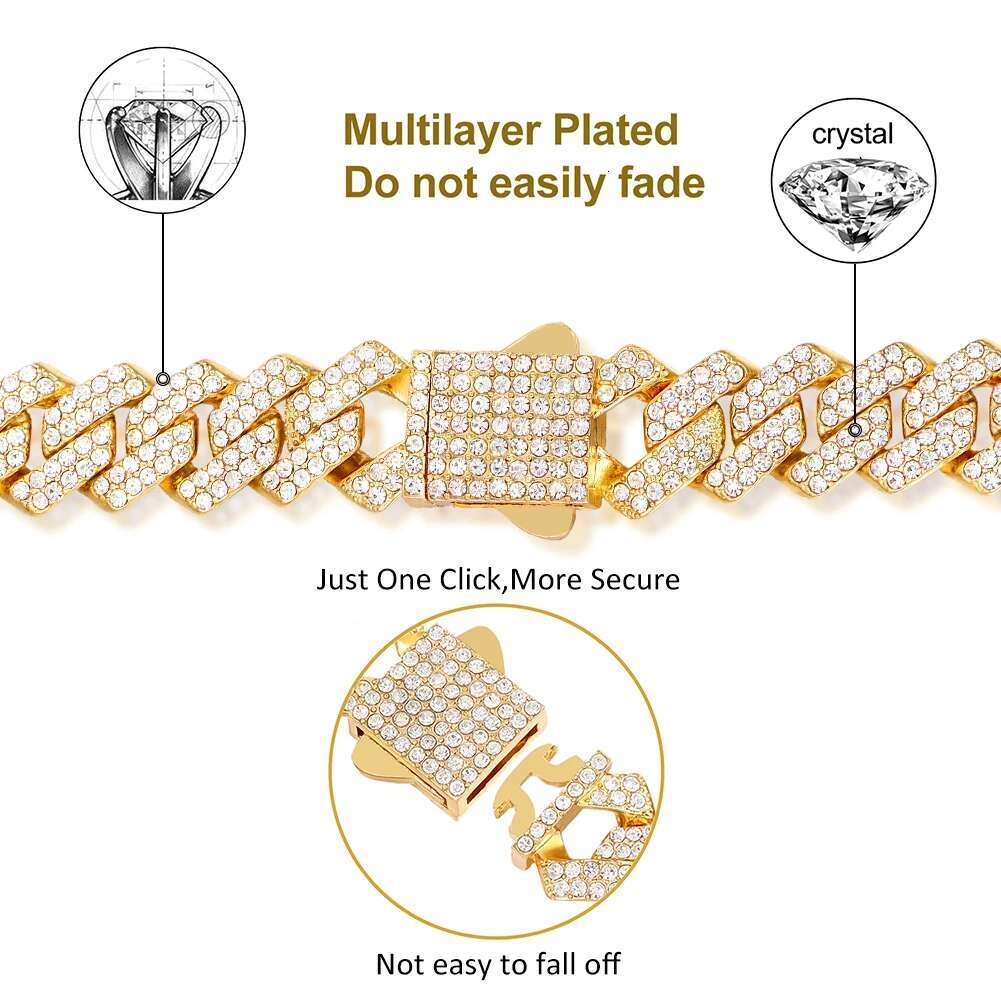 Iced Out Cuban Link Chain 14MM Prong Rhombus Diamond Cuban Chain Hip Hop Choker Necklaces Women Men Jewelry Wholesale