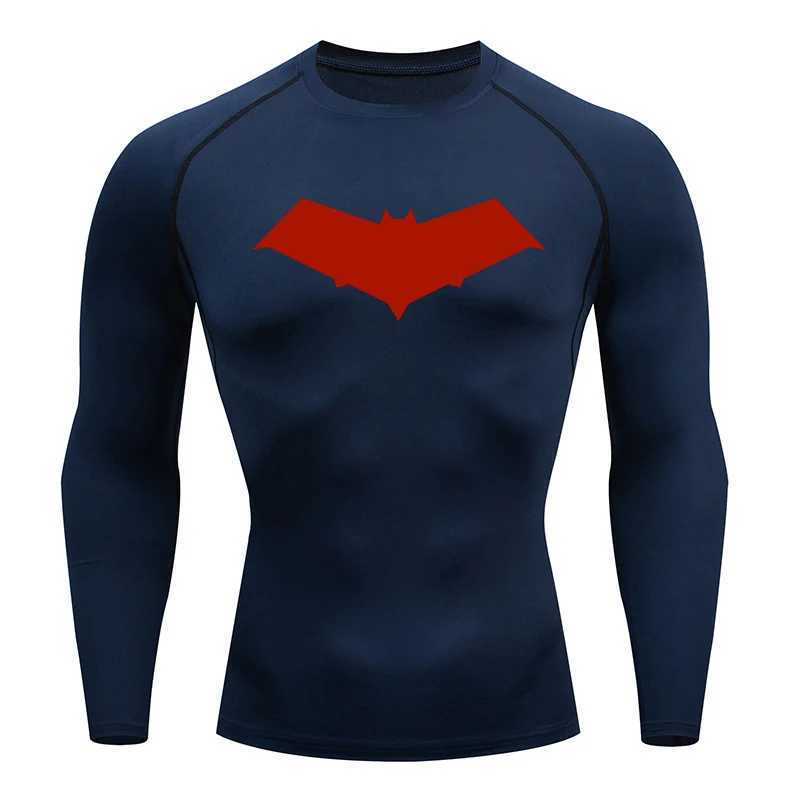 Compressed running T-shirt mens top bat print T-shirt mens fast drying gym sports shirt MMA Rashguard mens T-shirtXJ250409