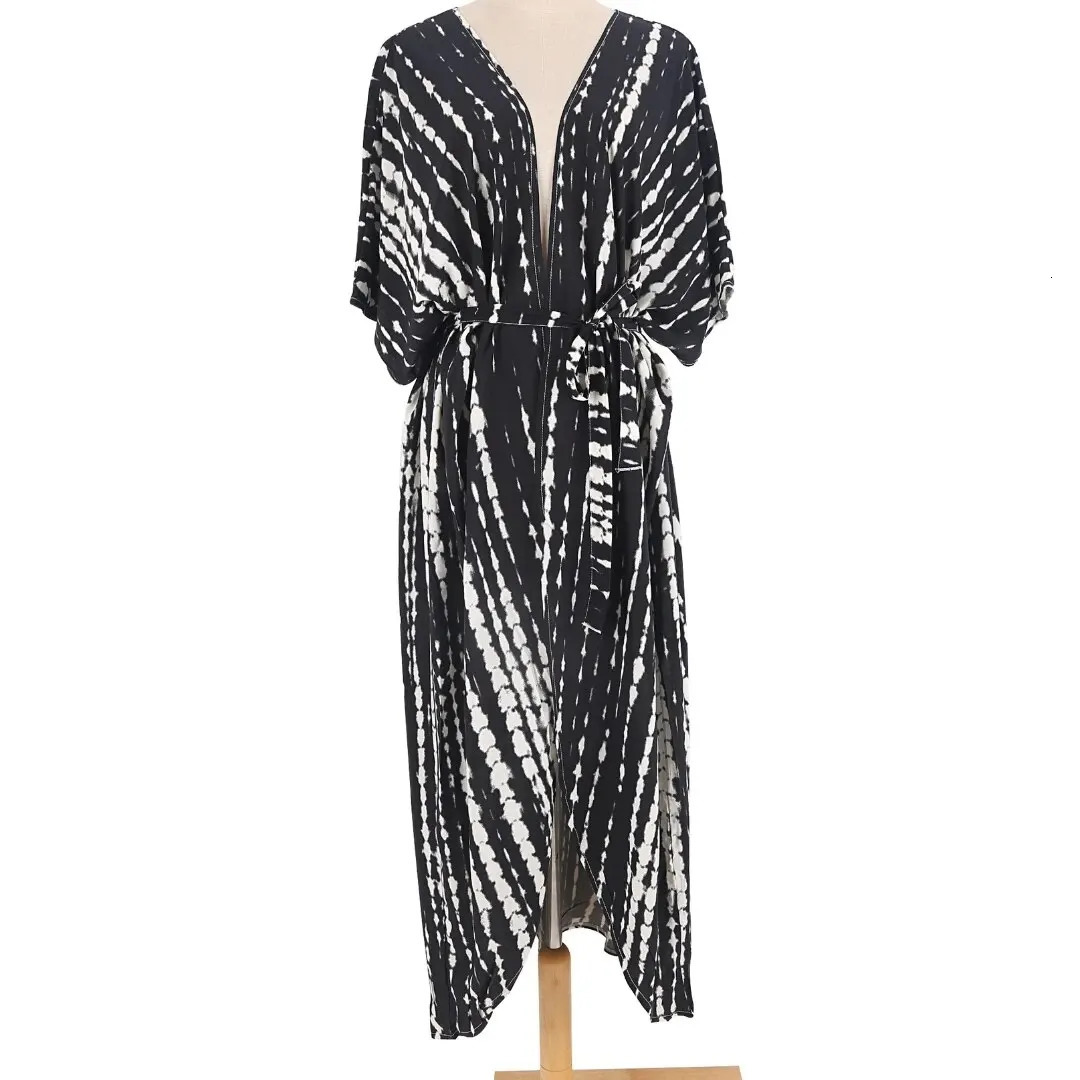 Womens beach cover Ups open front tie dye Maxi top kimono swimsuit belt 250409