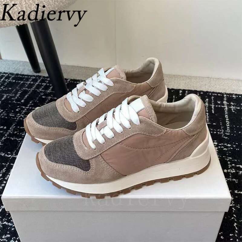 Sneakers For Women Round Toe Lace Up Running Female String Bead Cow Suede Patchwork Flat Sports Shoes Woman
