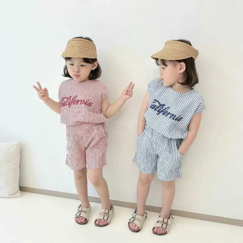 1-6Yrs Baby Boys Striped Summer Track and Field Clothing Childrens Letter Printing Sleeveless Clothing Set Baby 2PCS Korean Summer Fashion Set S2548