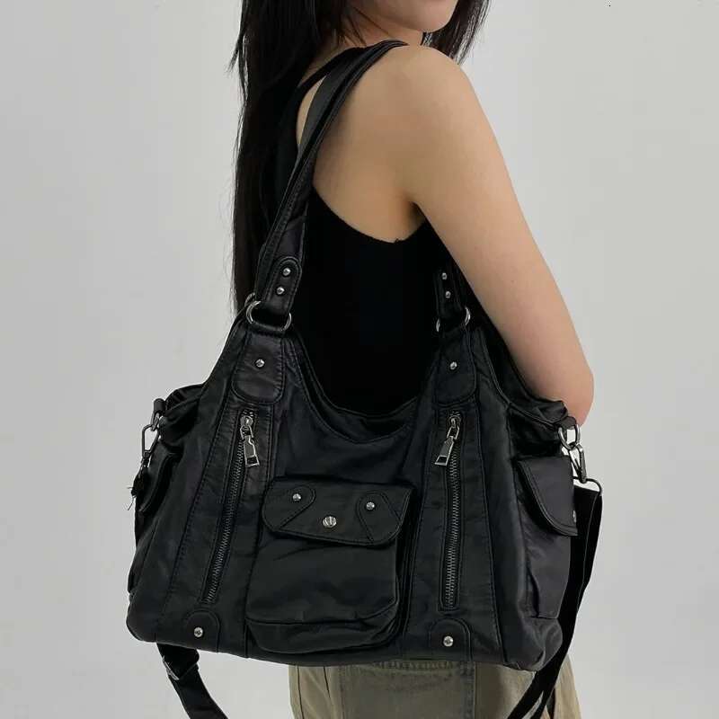 Women's Fashion Washed Distressed Y2k Hot Girl Motorcycle Bag Large Capacity Multi-Pocket Shoulder Crossbody Handbag