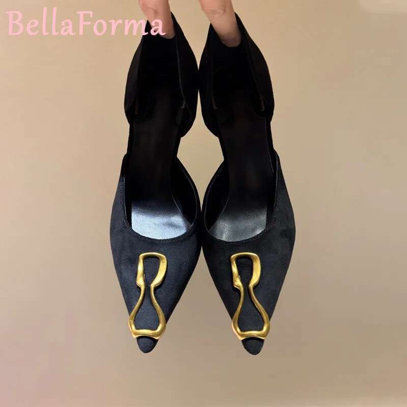 Women's Hollow Suede Sandals Cover Metal Decoration Catwalk Mature Banquet Party Formal Wear Special-Shaped Heel Stilettos